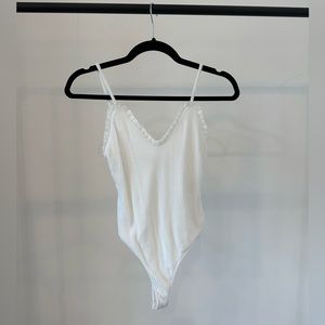 Majorelle white ribbed bodysuit with ruffle details and adjustable straps, XS